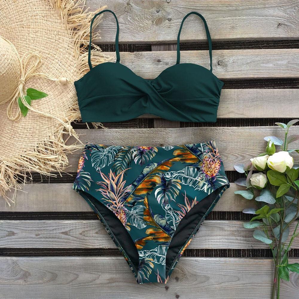 Bikini Maillot de Bain Femme Push Up Ensemble Bikini Taille Haute Maillots de Bain Deux Pièces Femme Maillot de Bain Imprimé Uni Rembourré Push-Up Maillot de Bain Volanté Beachwear