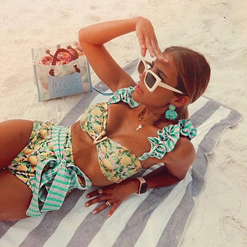 Ensemble bikini deux pièces à volants pour femme, maillot de bain push-up rembourré à imprimé floral, maillot de bain de plage, bikini triangle à nouer sur le côté et string échancré