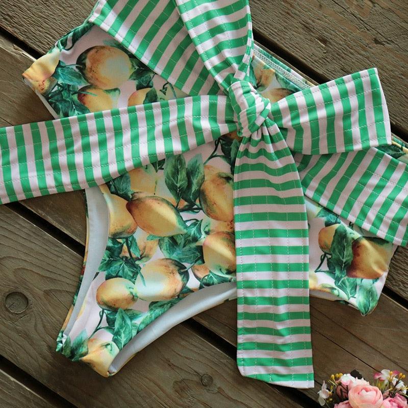 Ensemble bikini deux pièces à volants pour femme, maillot de bain push-up rembourré à imprimé floral, maillot de bain de plage, bikini triangle à nouer sur le côté et string échancré
