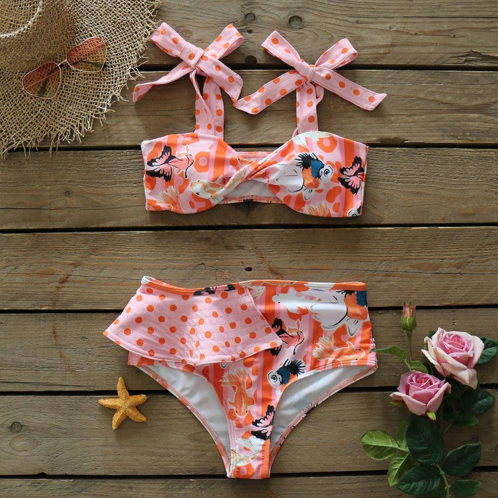 Ensemble bikini deux pièces à volants pour femme, maillot de bain push-up rembourré à imprimé floral, maillot de bain de plage, bikini triangle à nouer sur le côté et string échancré