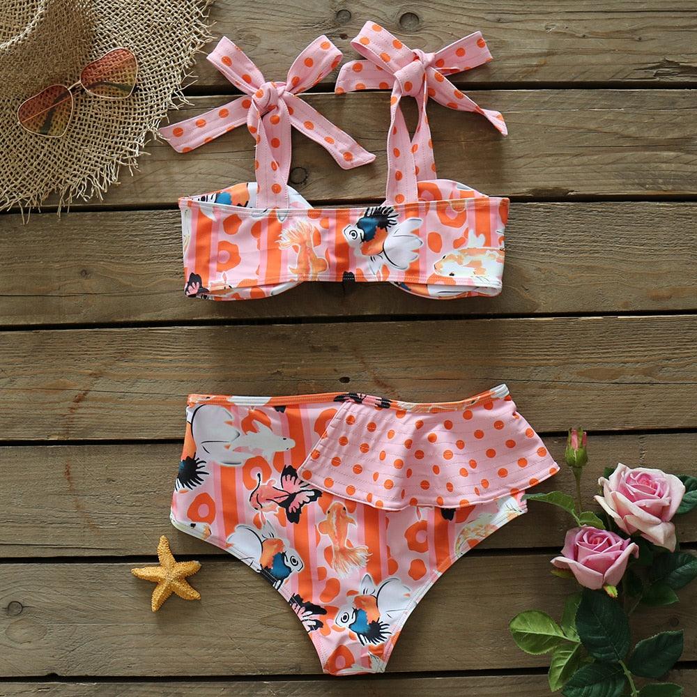 Ensemble bikini deux pièces à volants pour femme, maillot de bain push-up rembourré à imprimé floral, maillot de bain de plage, bikini triangle à nouer sur le côté et string échancré