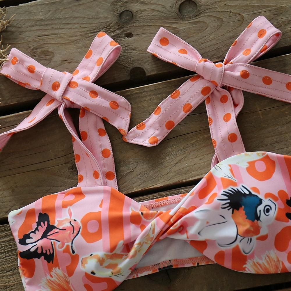 Ensemble bikini deux pièces à volants pour femme, maillot de bain push-up rembourré à imprimé floral, maillot de bain de plage, bikini triangle à nouer sur le côté et string échancré