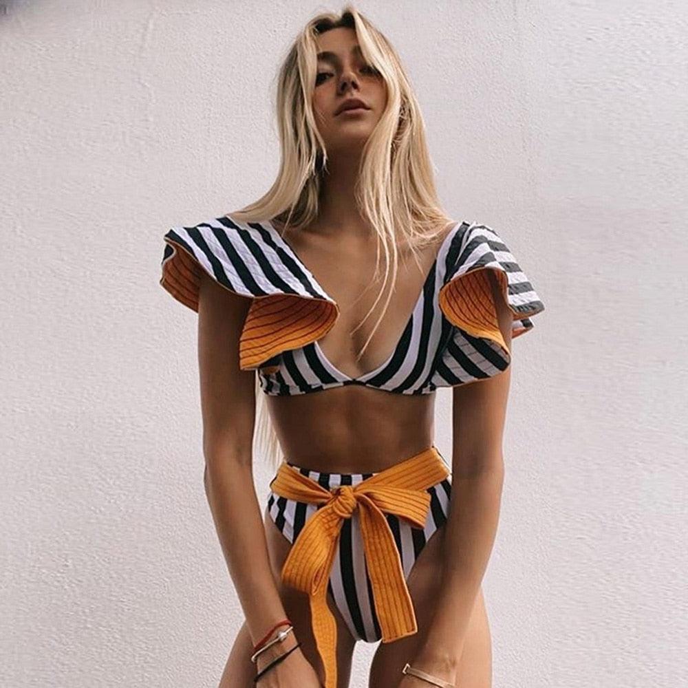 Ensemble bikini deux pièces à volants pour femme, maillot de bain push-up rembourré à imprimé floral, maillot de bain de plage, bikini triangle à nouer sur le côté et string échancré