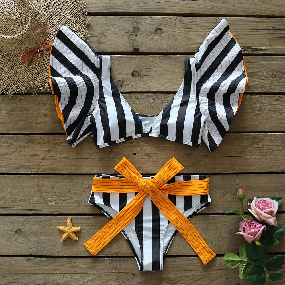 Ensemble bikini deux pièces à volants pour femme, maillot de bain push-up rembourré à imprimé floral, maillot de bain de plage, bikini triangle à nouer sur le côté et string échancré