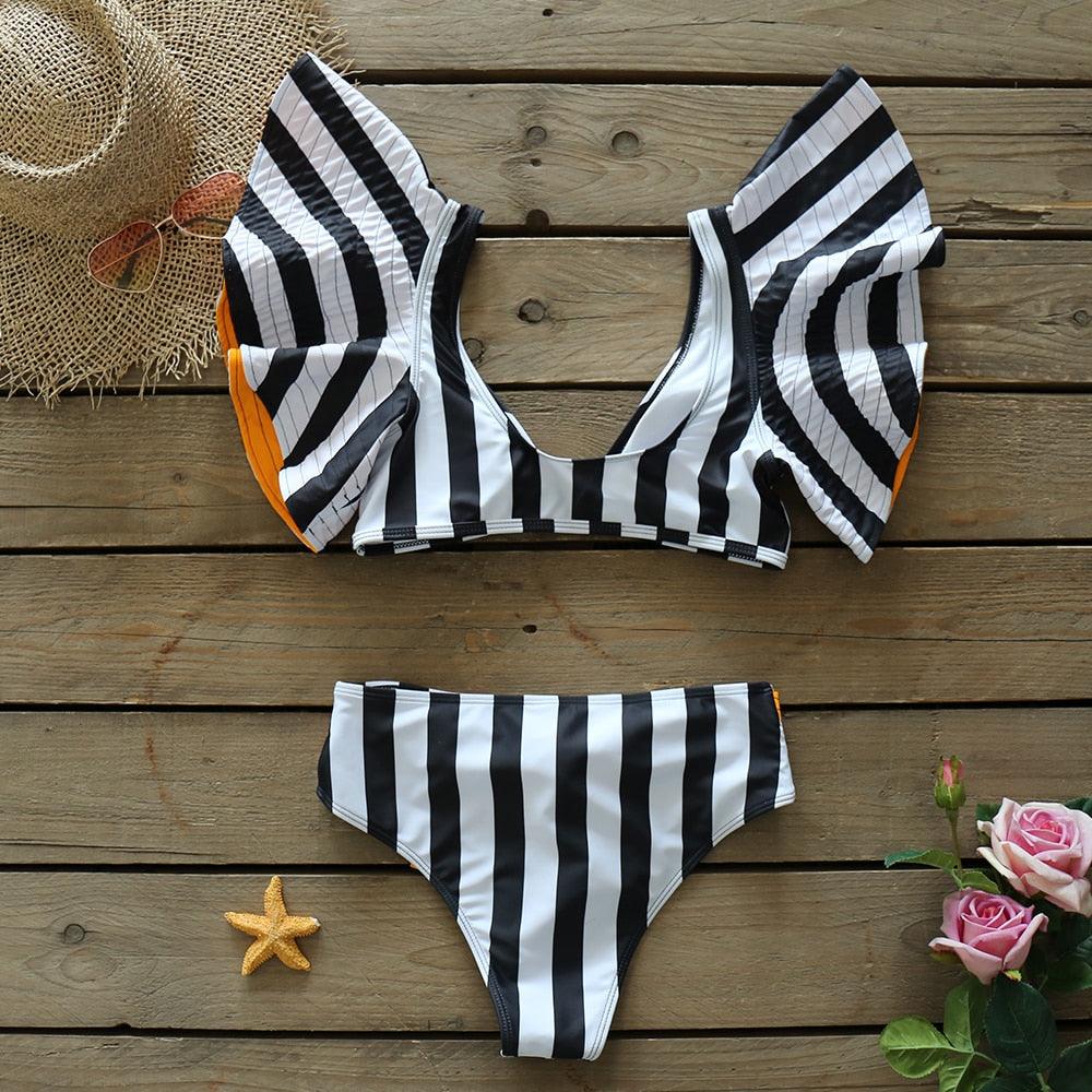Ensemble bikini deux pièces à volants pour femme, maillot de bain push-up rembourré à imprimé floral, maillot de bain de plage, bikini triangle à nouer sur le côté et string échancré