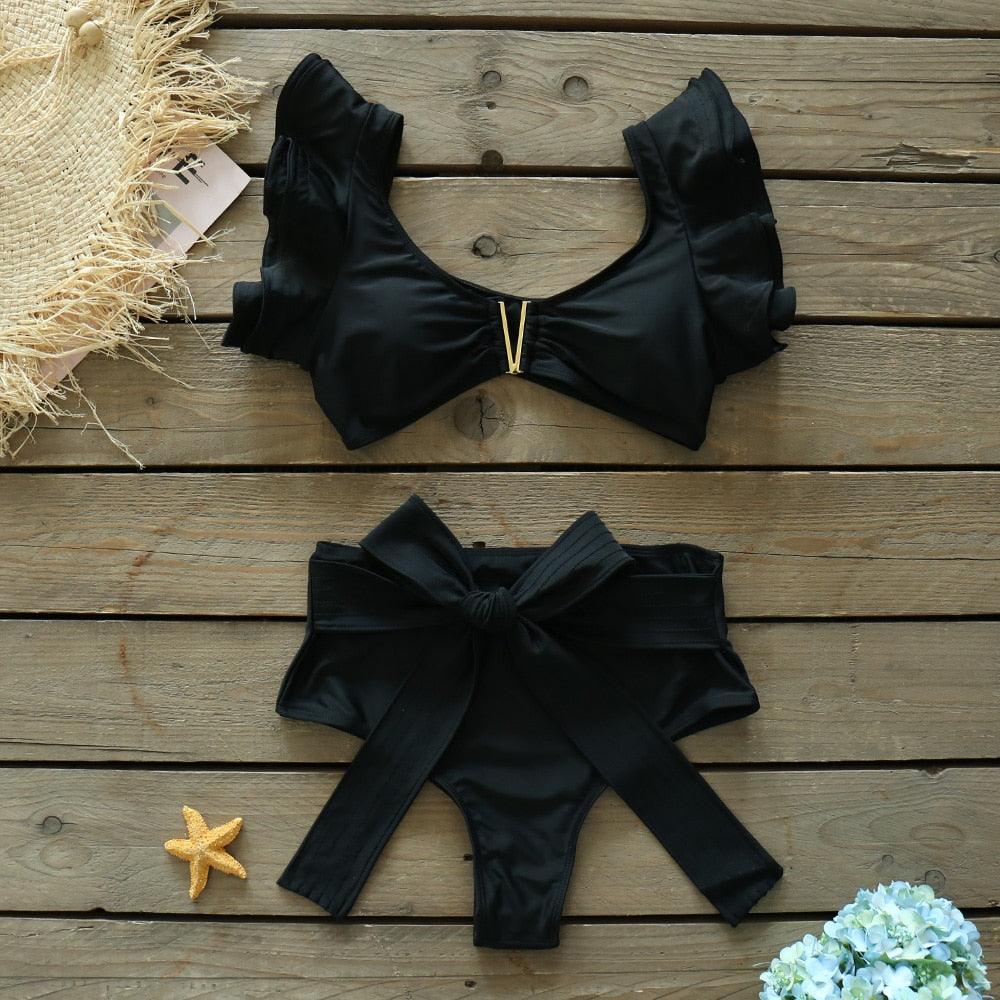 Ensemble bikini deux pièces à volants pour femme, maillot de bain push-up rembourré à imprimé floral, maillot de bain de plage, bikini triangle à nouer sur le côté et string échancré