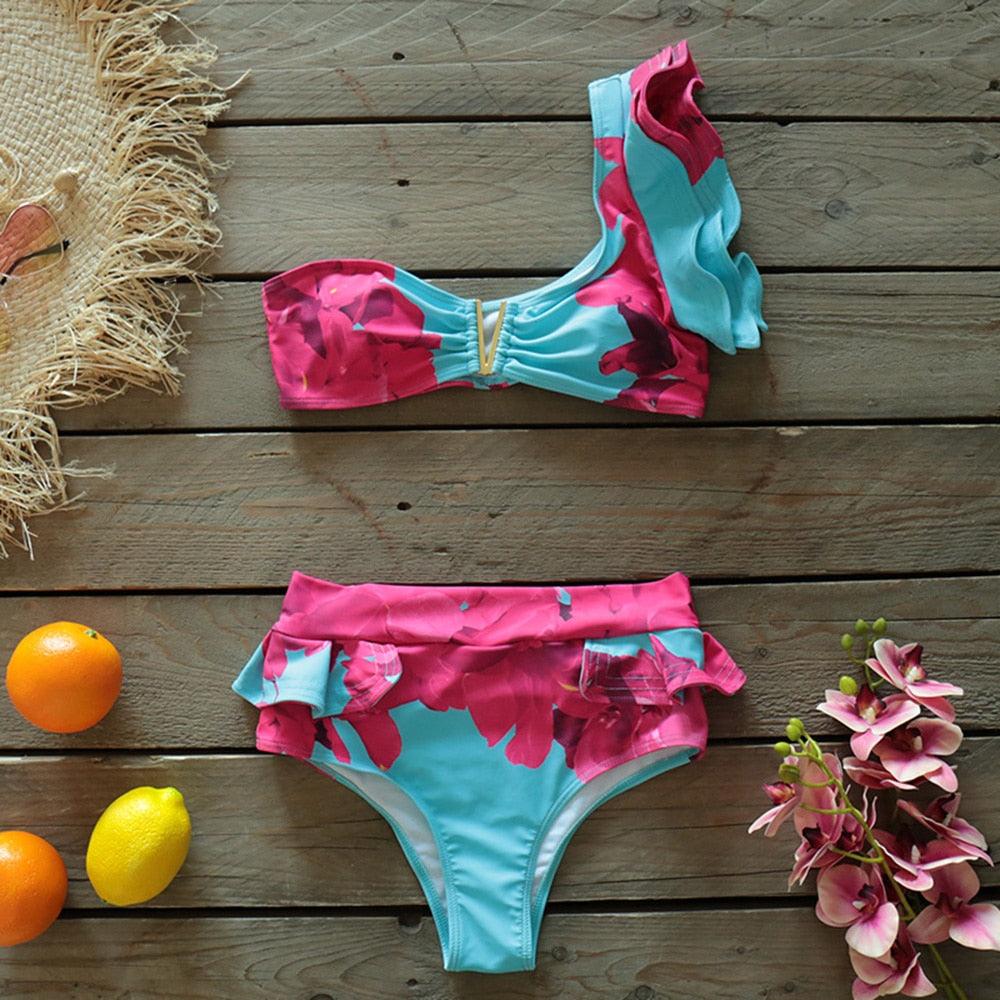 Ensemble bikini deux pièces à volants pour femme, maillot de bain push-up rembourré à imprimé floral, maillot de bain de plage, bikini triangle à nouer sur le côté et string échancré
