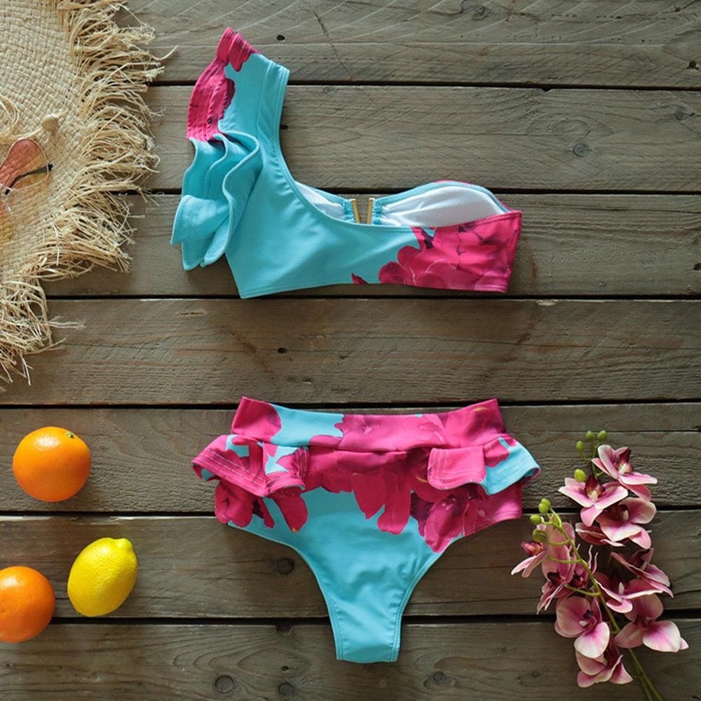 Ensemble bikini deux pièces à volants pour femme, maillot de bain push-up rembourré à imprimé floral, maillot de bain de plage, bikini triangle à nouer sur le côté et string échancré