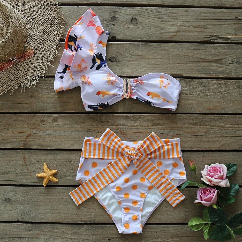 Ensemble bikini deux pièces à volants pour femme, maillot de bain push-up rembourré à imprimé floral, maillot de bain de plage, bikini triangle à nouer sur le côté et string échancré