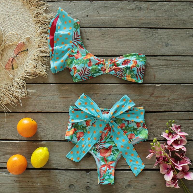 Ensemble bikini deux pièces à volants pour femme, maillot de bain push-up rembourré à imprimé floral, maillot de bain de plage, bikini triangle à nouer sur le côté et string échancré