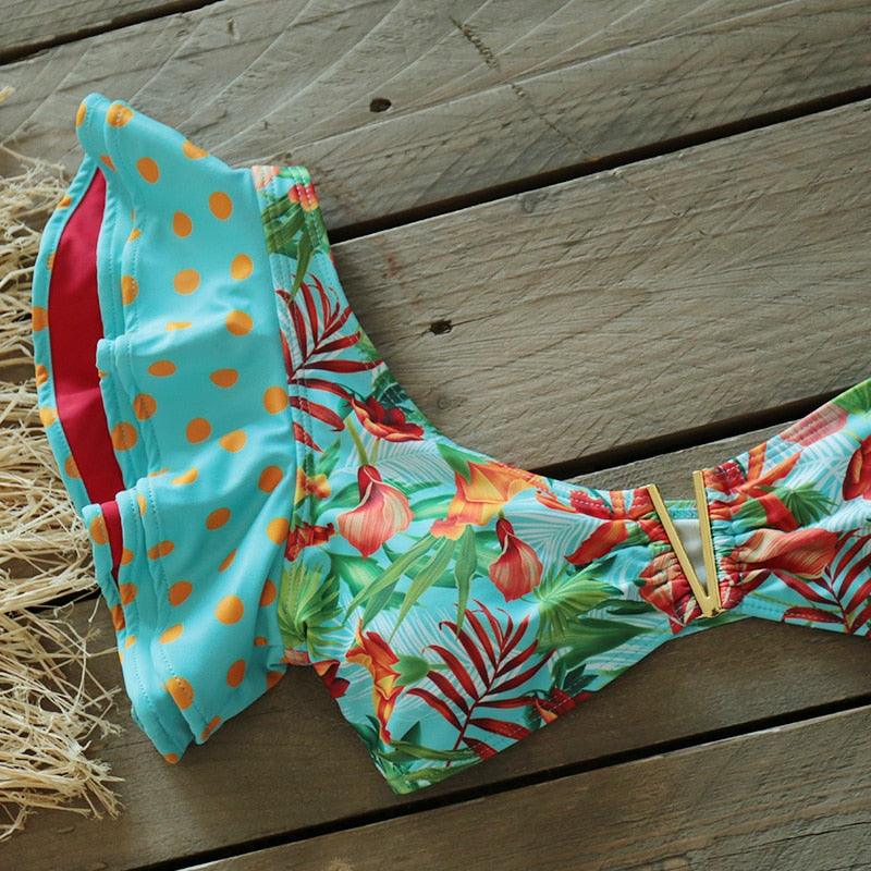 Ensemble bikini deux pièces à volants pour femme, maillot de bain push-up rembourré à imprimé floral, maillot de bain de plage, bikini triangle à nouer sur le côté et string échancré
