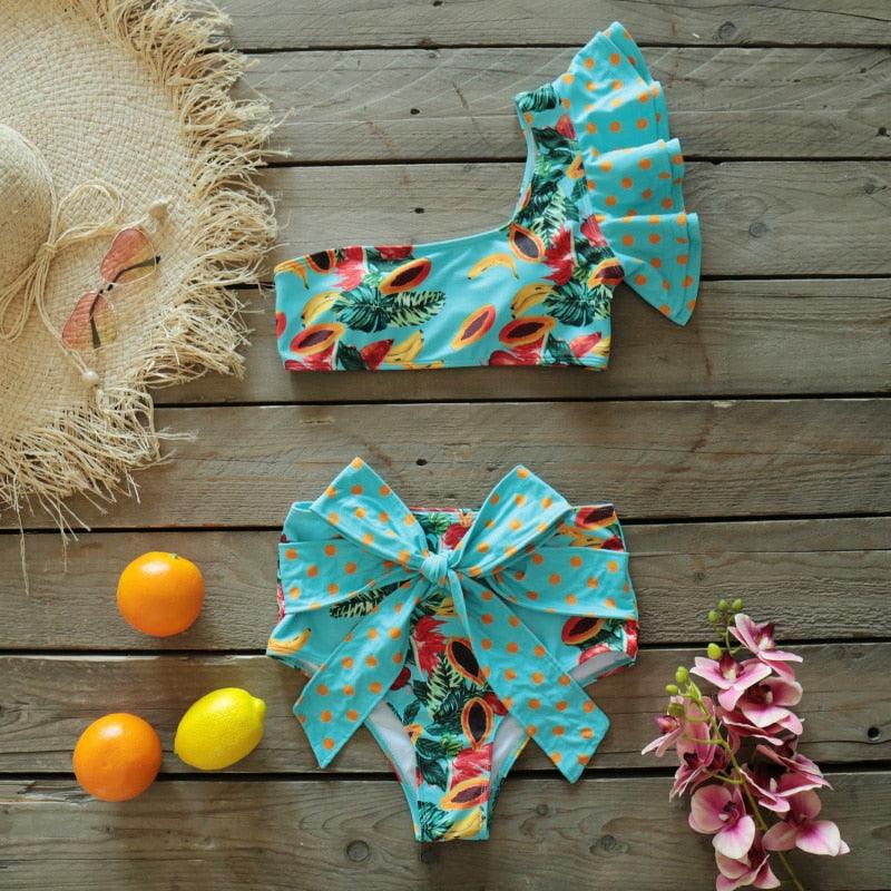 Ensemble bikini deux pièces à volants pour femme, maillot de bain push-up rembourré à imprimé floral, maillot de bain de plage, bikini triangle à nouer sur le côté et string échancré