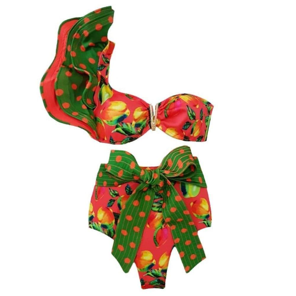 Ensemble bikini deux pièces à volants pour femme, maillot de bain push-up rembourré à imprimé floral, maillot de bain de plage, bikini triangle à nouer sur le côté et string échancré
