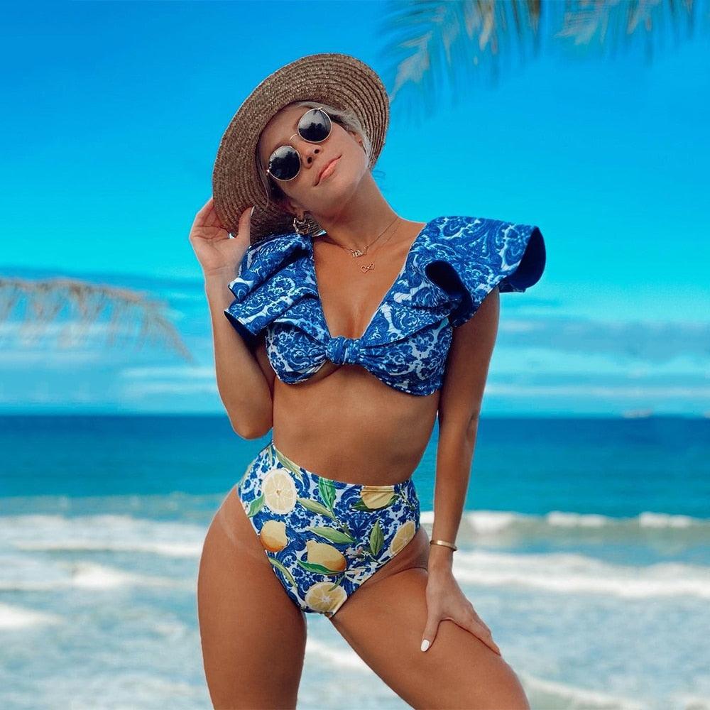 Ensemble bikini deux pièces à volants pour femme, maillot de bain push-up rembourré à imprimé floral, maillot de bain de plage, bikini triangle à nouer sur le côté et string échancré