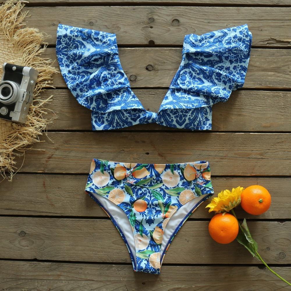 Ensemble bikini deux pièces à volants pour femme, maillot de bain push-up rembourré à imprimé floral, maillot de bain de plage, bikini triangle à nouer sur le côté et string échancré