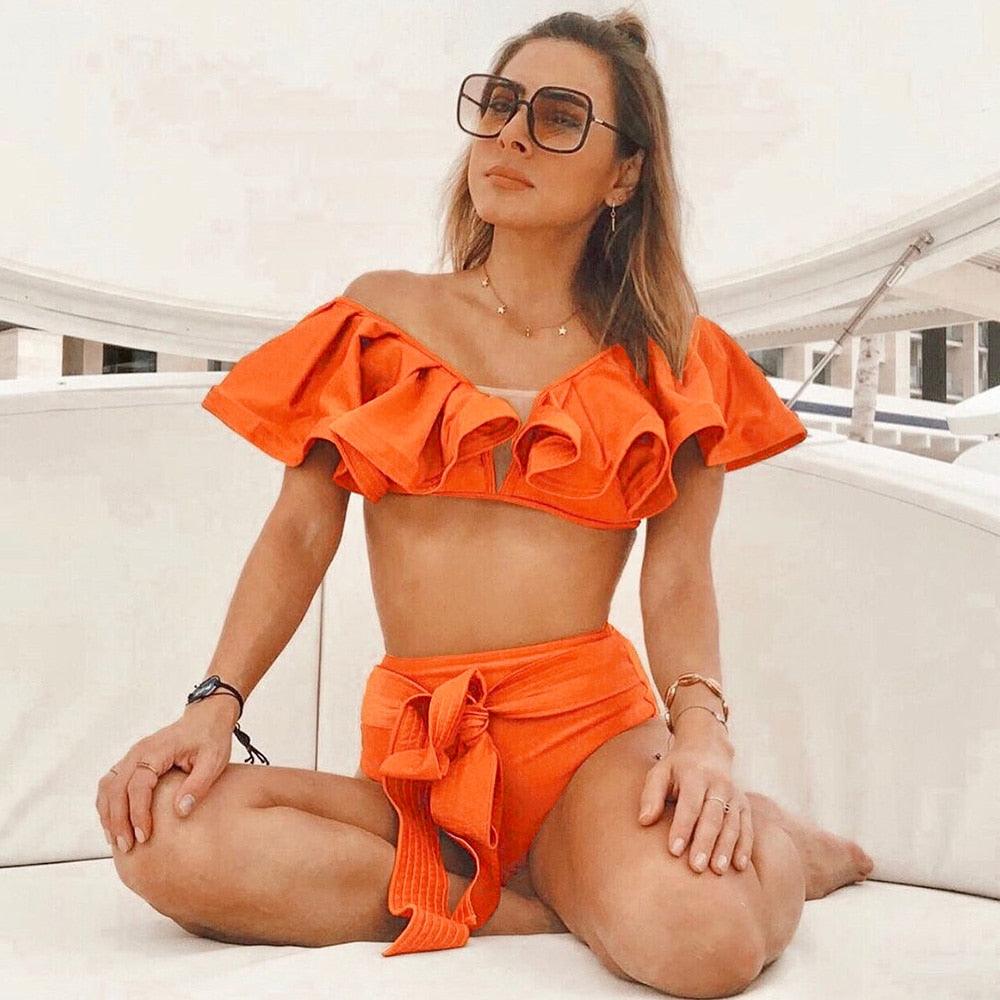 Ensemble bikini deux pièces à volants pour femme, maillot de bain push-up rembourré à imprimé floral, maillot de bain de plage, bikini triangle à nouer sur le côté et string échancré