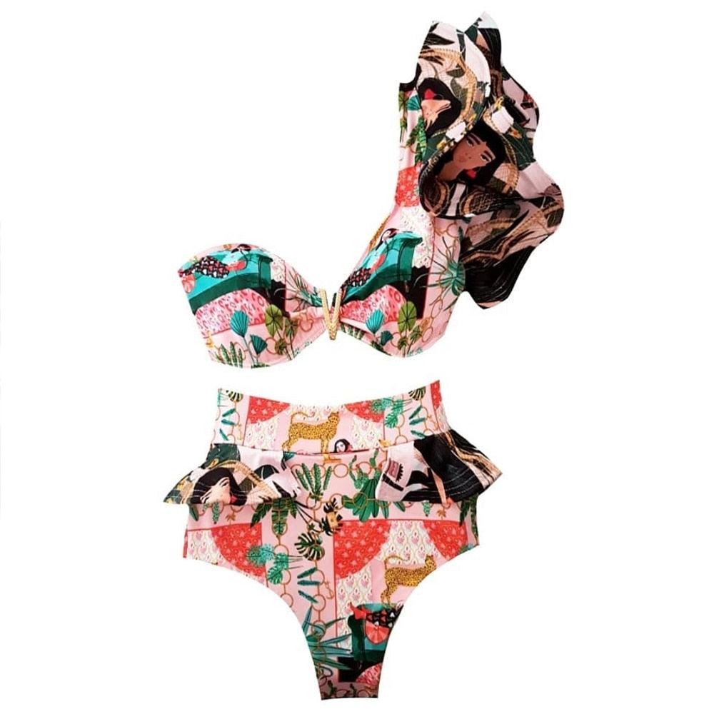 Ensemble bikini deux pièces à volants pour femme, maillot de bain push-up rembourré à imprimé floral, maillot de bain de plage, bikini triangle à nouer sur le côté et string échancré