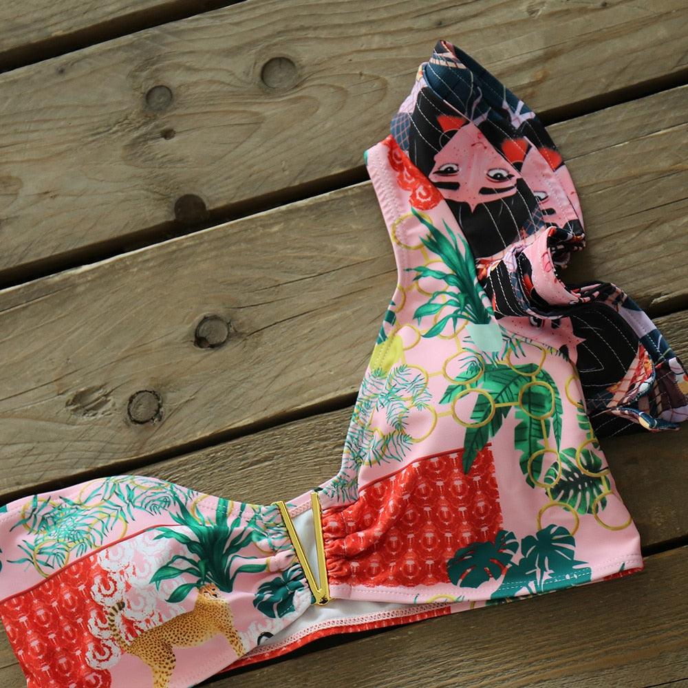 Ensemble bikini deux pièces à volants pour femme, maillot de bain push-up rembourré à imprimé floral, maillot de bain de plage, bikini triangle à nouer sur le côté et string échancré