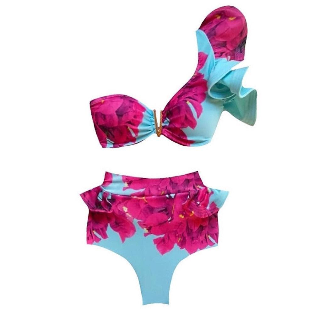 Ensemble bikini deux pièces à volants pour femme, maillot de bain push-up rembourré à imprimé floral, maillot de bain de plage, bikini triangle à nouer sur le côté et string échancré
