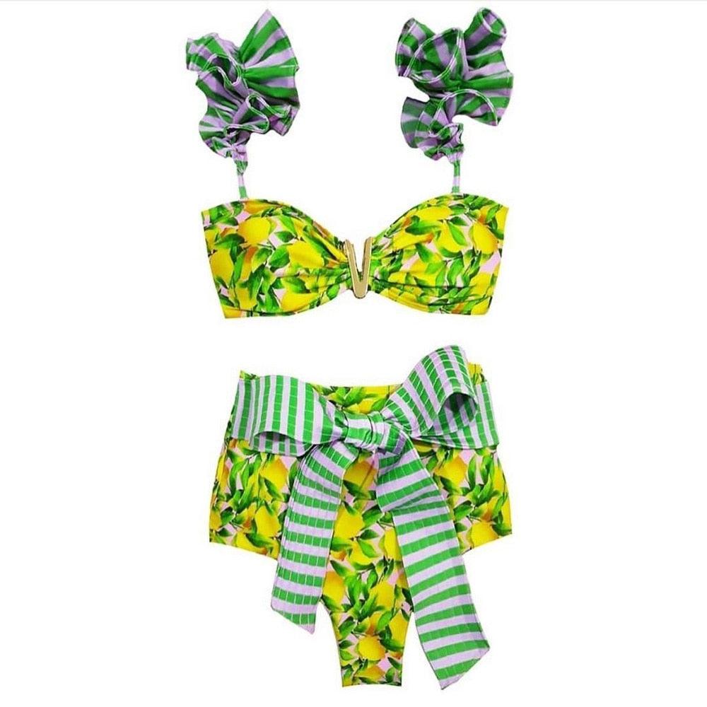 Ensemble bikini deux pièces à volants pour femme, maillot de bain push-up rembourré à imprimé floral, maillot de bain de plage, bikini triangle à nouer sur le côté et string échancré