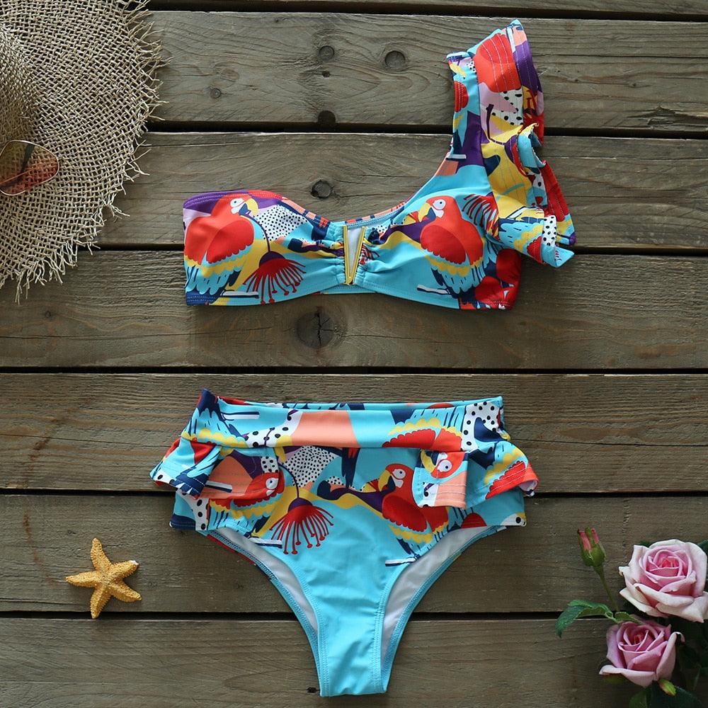 Ensemble bikini deux pièces à volants pour femme, maillot de bain push-up rembourré à imprimé floral, maillot de bain de plage, bikini triangle à nouer sur le côté et string échancré