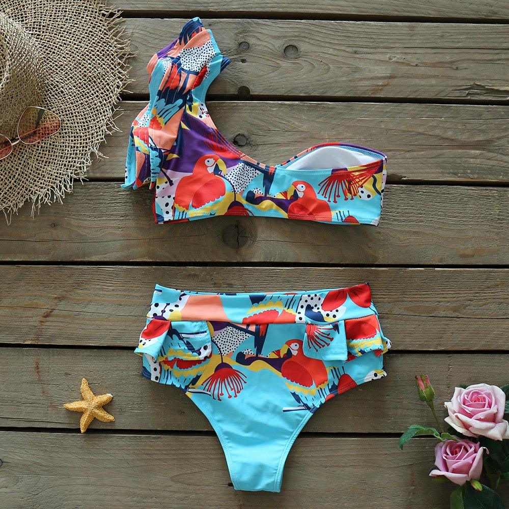 Ensemble bikini deux pièces à volants pour femme, maillot de bain push-up rembourré à imprimé floral, maillot de bain de plage, bikini triangle à nouer sur le côté et string échancré