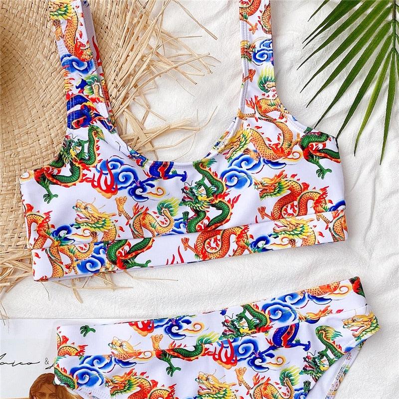 Maillot de bain bikini taille haute bleu moderne push-up femme ensemble bikini imprimé dragon maillot de bain rétro femme maillots de bain bikini taille haute push-up torsadé deux pièces maillots de bain gainants