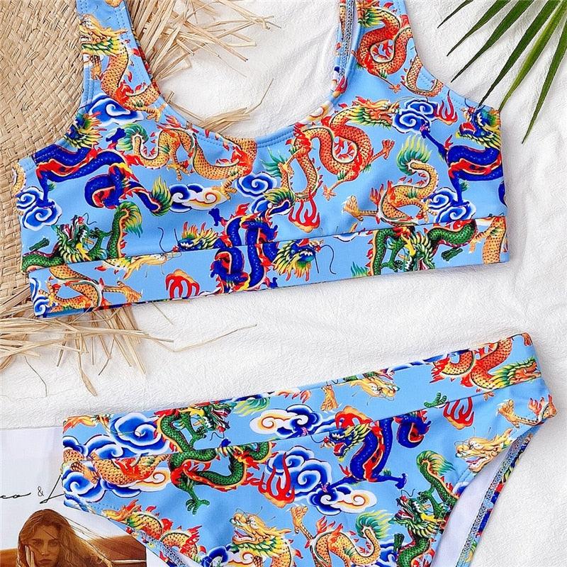 Maillot de bain bikini taille haute bleu moderne push-up femme ensemble bikini imprimé dragon maillot de bain rétro femme maillots de bain bikini taille haute push-up torsadé deux pièces maillots de bain gainants