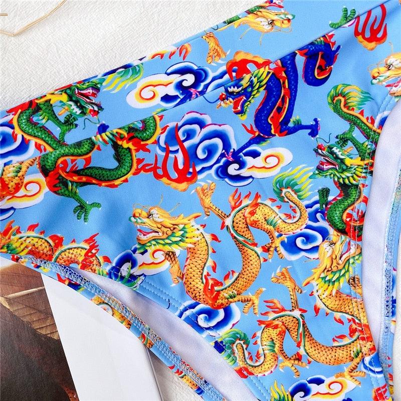 Maillot de bain bikini taille haute bleu moderne push-up femme ensemble bikini imprimé dragon maillot de bain rétro femme maillots de bain bikini taille haute push-up torsadé deux pièces maillots de bain gainants
