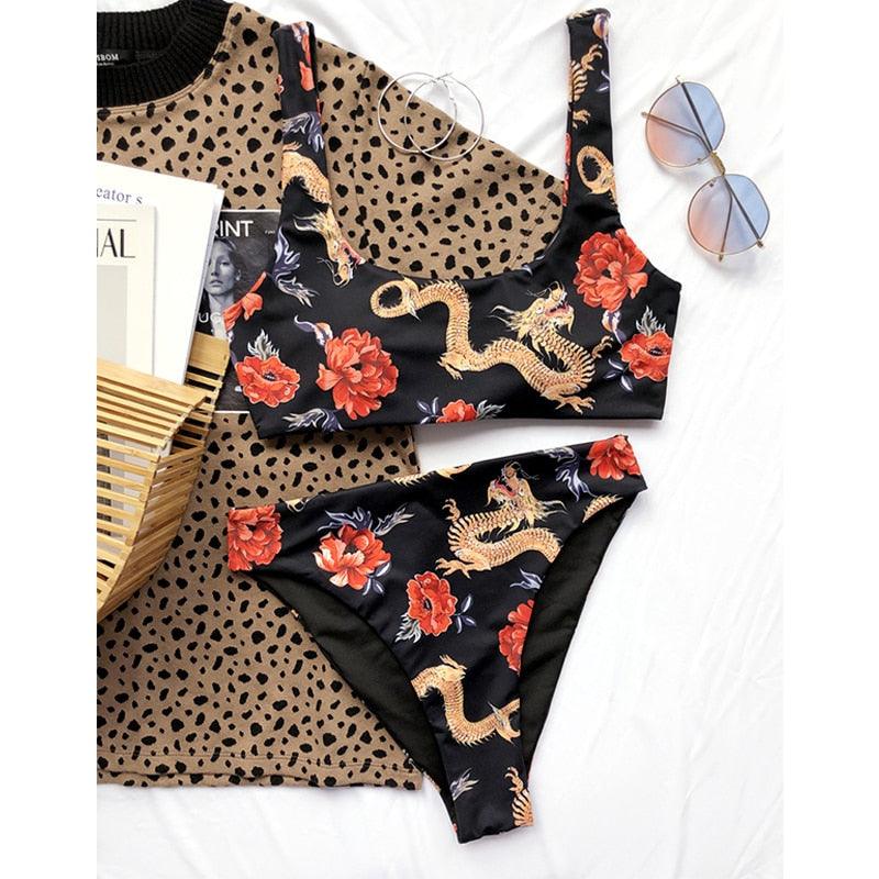 Maillot de bain bikini taille haute bleu moderne push-up femme ensemble bikini imprimé dragon maillot de bain rétro femme maillots de bain bikini taille haute push-up torsadé deux pièces maillots de bain gainants