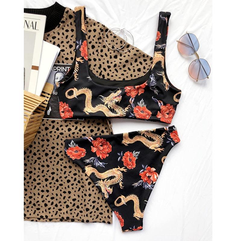 Maillot de bain bikini taille haute bleu moderne push-up femme ensemble bikini imprimé dragon maillot de bain rétro femme maillots de bain bikini taille haute push-up torsadé deux pièces maillots de bain gainants