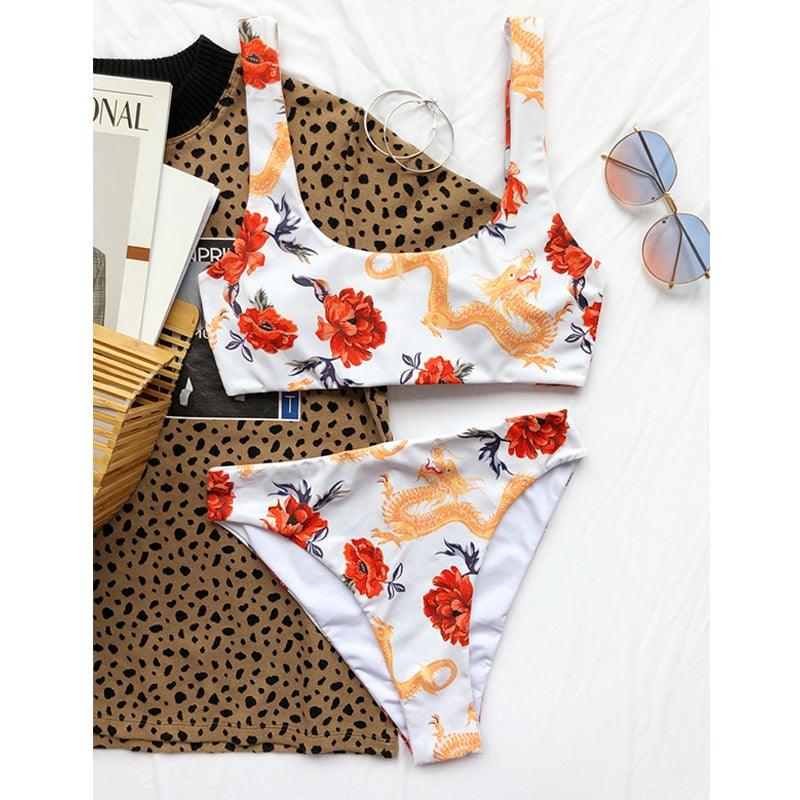 Maillot de bain bikini taille haute bleu moderne push-up femme ensemble bikini imprimé dragon maillot de bain rétro femme maillots de bain bikini taille haute push-up torsadé deux pièces maillots de bain gainants