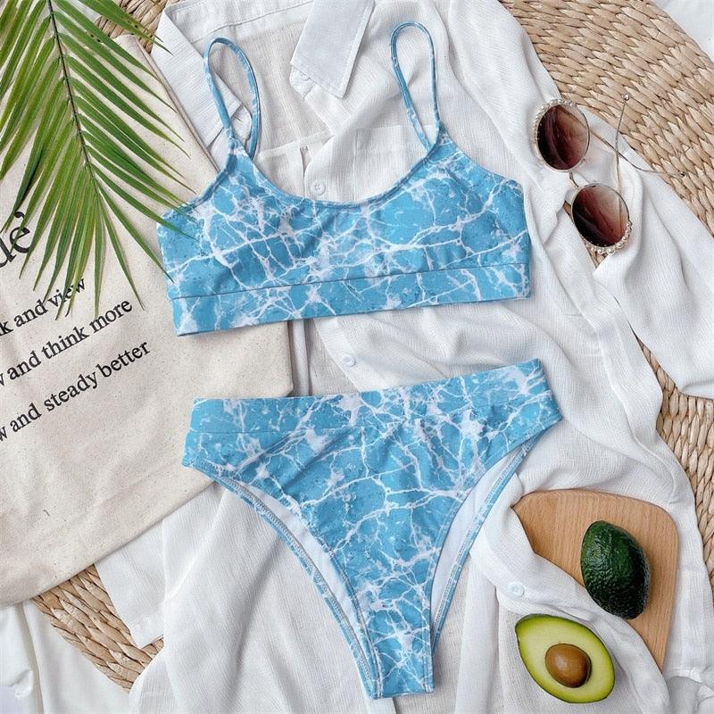 Maillot de bain bikini taille haute bleu moderne push-up femme ensemble bikini imprimé dragon maillot de bain rétro femme maillots de bain bikini taille haute push-up torsadé deux pièces maillots de bain gainants