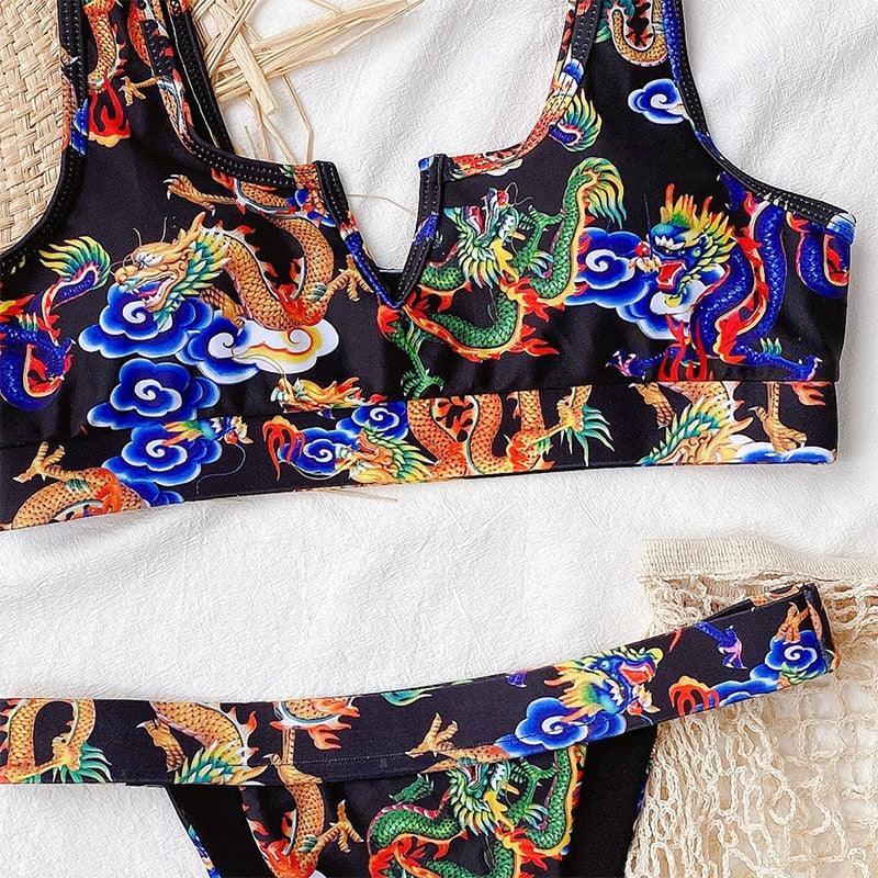 Maillot de bain bikini taille haute bleu moderne push-up femme ensemble bikini imprimé dragon maillot de bain rétro femme maillots de bain bikini taille haute push-up torsadé deux pièces maillots de bain gainants
