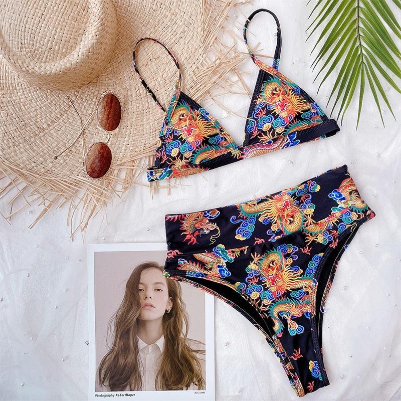 Maillot de bain bikini taille haute bleu moderne push-up femme ensemble bikini imprimé dragon maillot de bain rétro femme maillots de bain bikini taille haute push-up torsadé deux pièces maillots de bain gainants