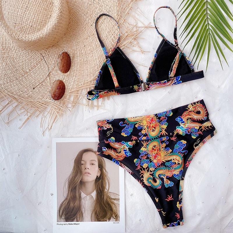 Maillot de bain bikini taille haute bleu moderne push-up femme ensemble bikini imprimé dragon maillot de bain rétro femme maillots de bain bikini taille haute push-up torsadé deux pièces maillots de bain gainants