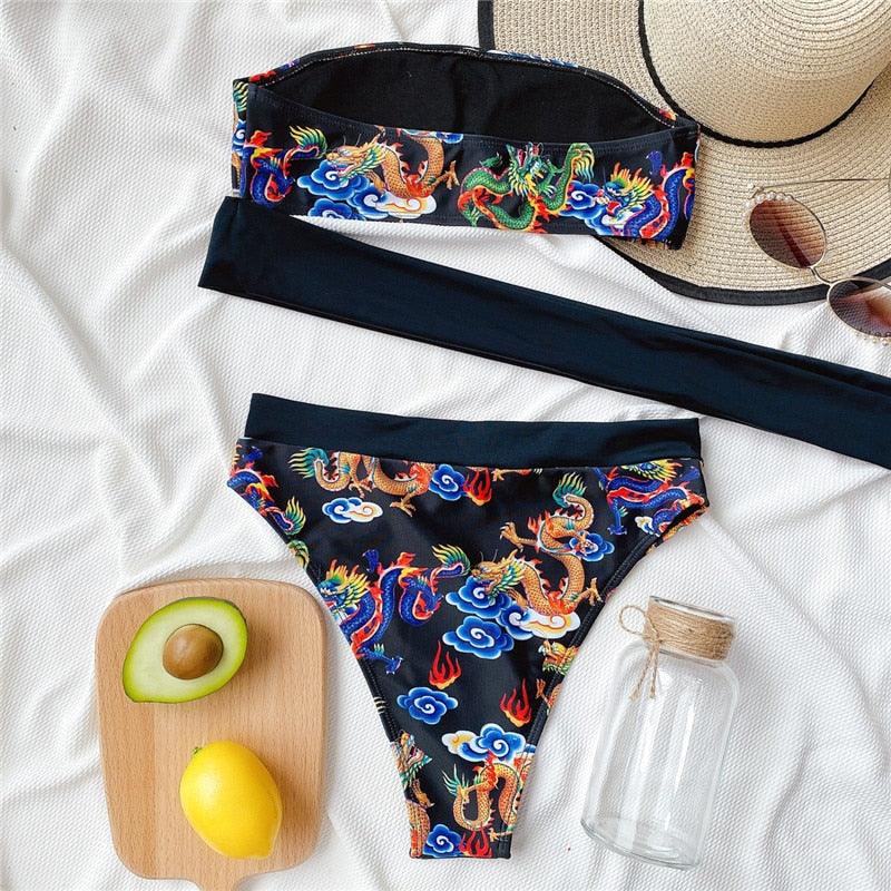 Maillot de bain bikini taille haute bleu moderne push-up femme ensemble bikini imprimé dragon maillot de bain rétro femme maillots de bain bikini taille haute push-up torsadé deux pièces maillots de bain gainants