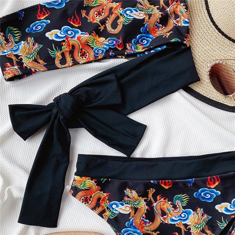 Maillot de bain bikini taille haute bleu moderne push-up femme ensemble bikini imprimé dragon maillot de bain rétro femme maillots de bain bikini taille haute push-up torsadé deux pièces maillots de bain gainants