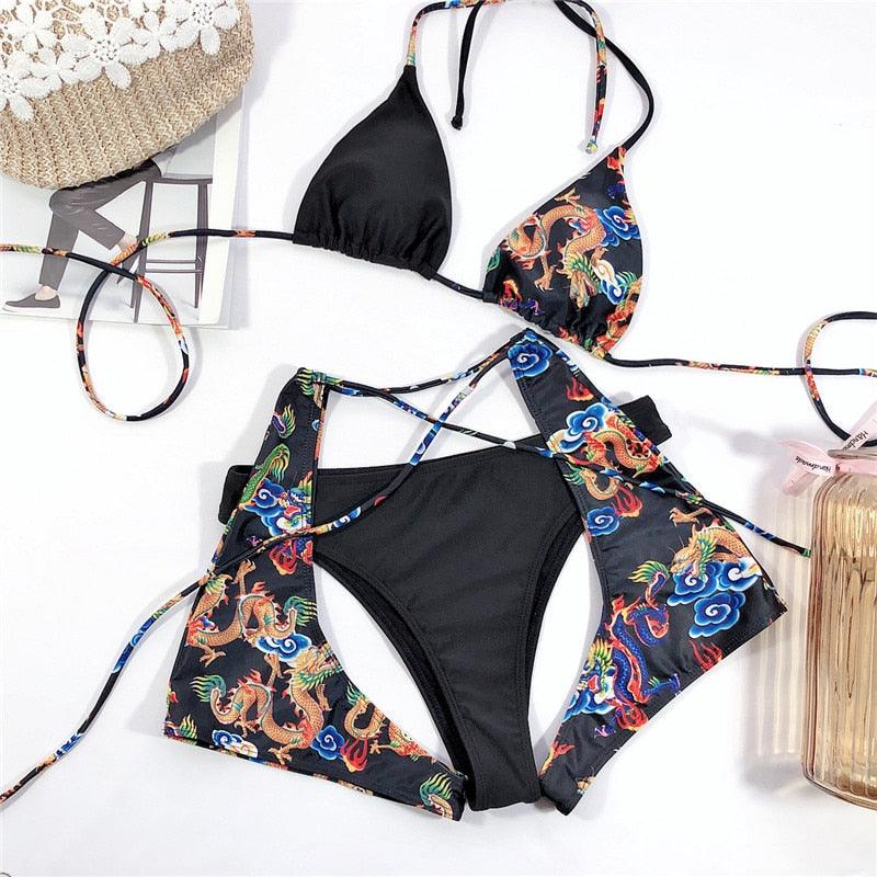 Maillot de bain bikini taille haute bleu moderne push-up femme ensemble bikini imprimé dragon maillot de bain rétro femme maillots de bain bikini taille haute push-up torsadé deux pièces maillots de bain gainants