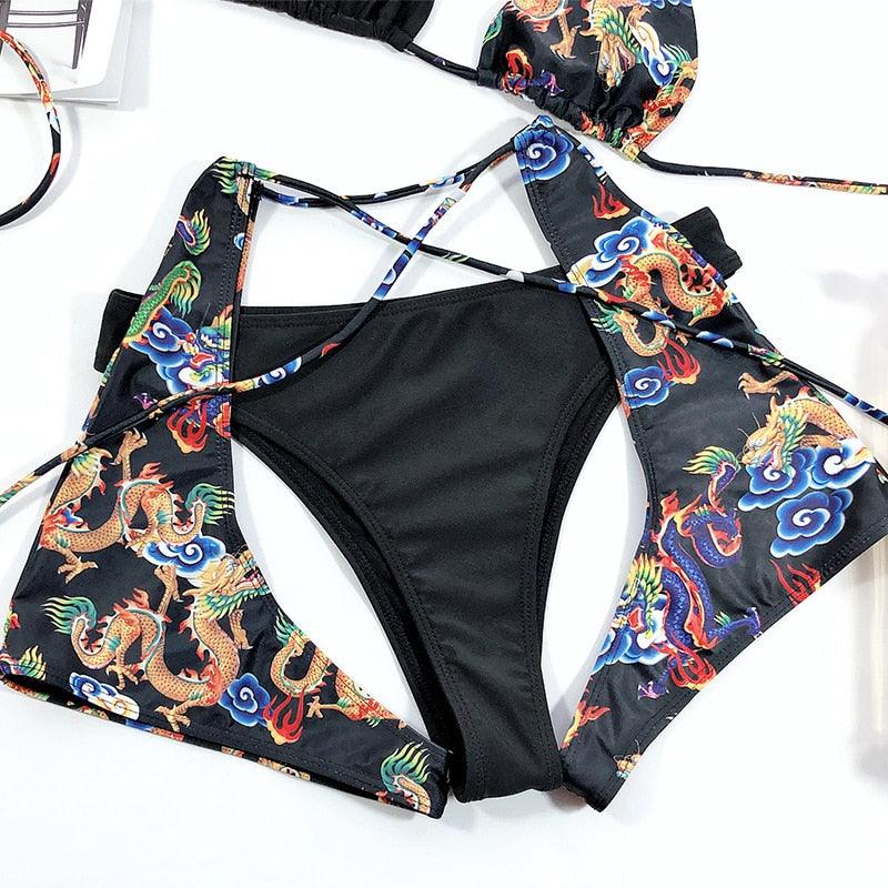 Maillot de bain bikini taille haute bleu moderne push-up femme ensemble bikini imprimé dragon maillot de bain rétro femme maillots de bain bikini taille haute push-up torsadé deux pièces maillots de bain gainants