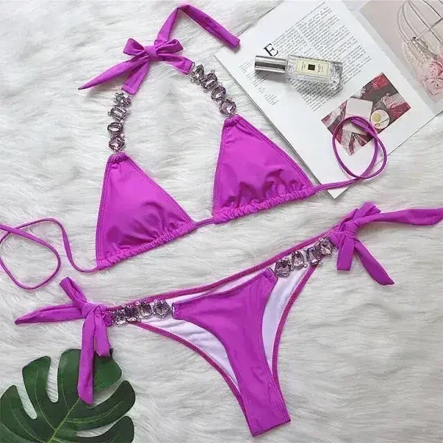 Bikini Sexy push-up Maillot de bain femme cristal Maillot de bain dos nu femme Nœud
