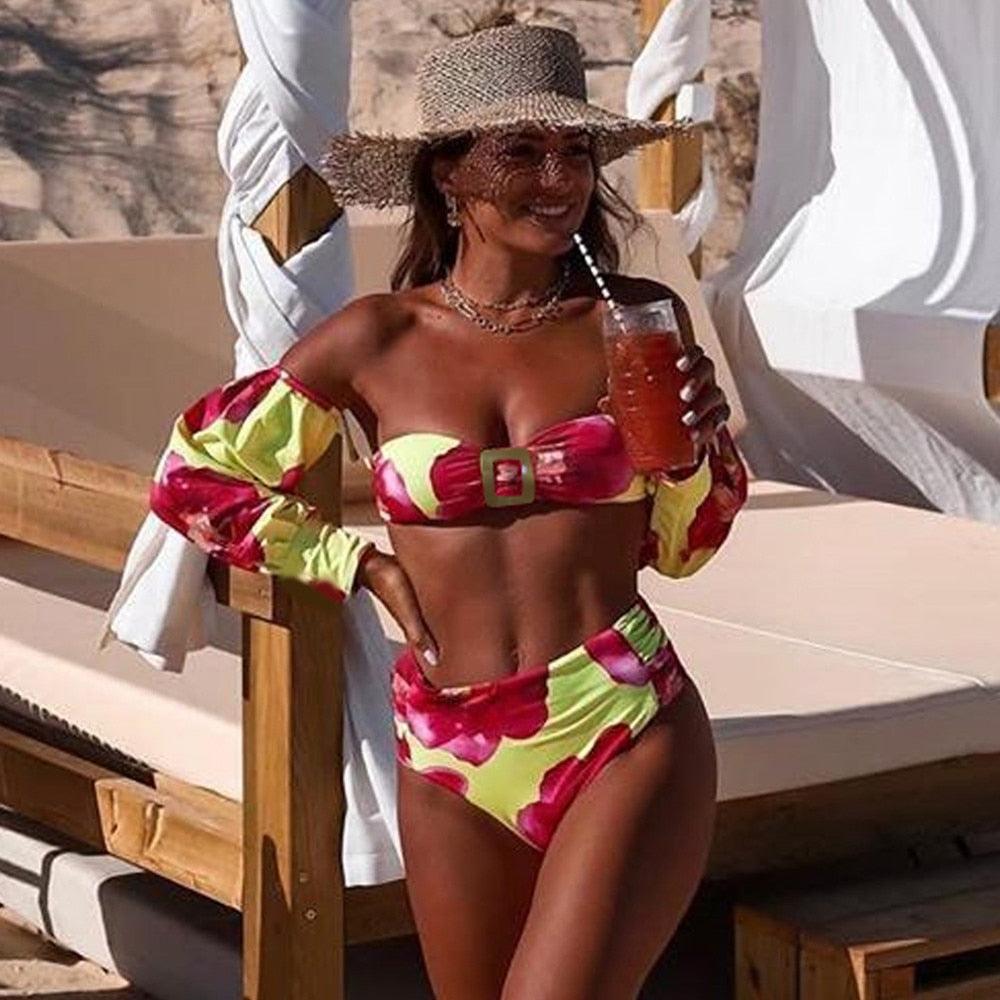 Bikini tendance taille haute, nouveau maillot de bain à manches longues, maillot de bain taille haute épaules dénudées pour femmes, bikinis à manches bulles pour femmes, tenue de plage charmante en maille