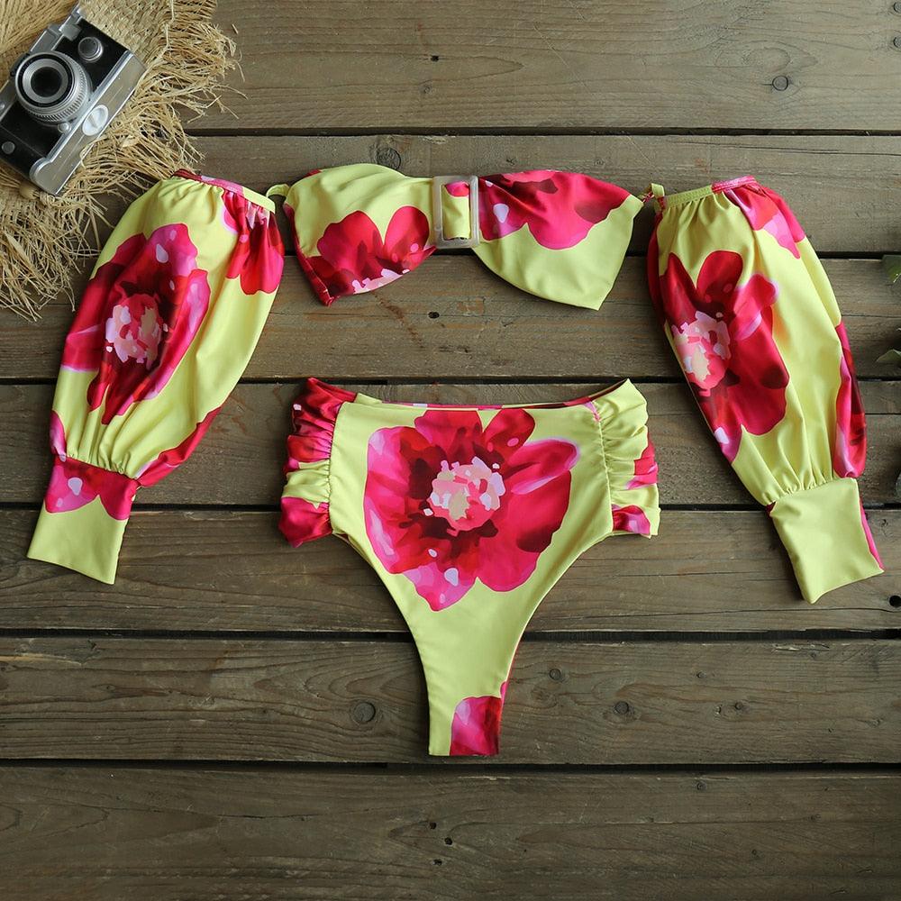 Bikini tendance taille haute, nouveau maillot de bain à manches longues, maillot de bain taille haute épaules dénudées pour femmes, bikinis à manches bulles pour femmes, tenue de plage charmante en maille