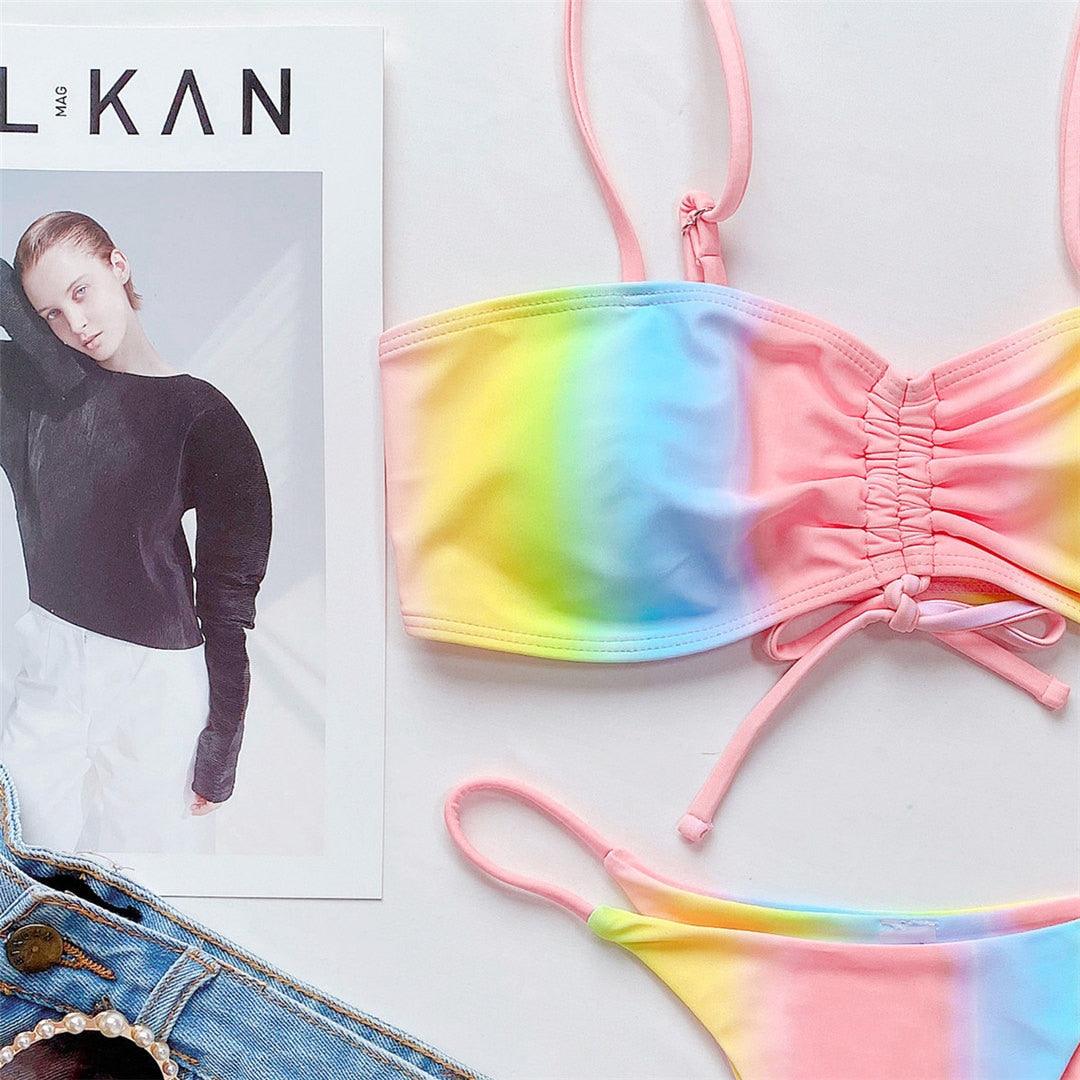 Maillot de bain bikini deux pièces pour femme, imprimé arc-en-ciel, micro-string, à lacets, ensemble de bikini triangle à nouer