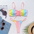 Maillot de bain bikini deux pièces pour femme, imprimé arc-en-ciel, micro-string, à lacets, ensemble de bikini triangle à nouer