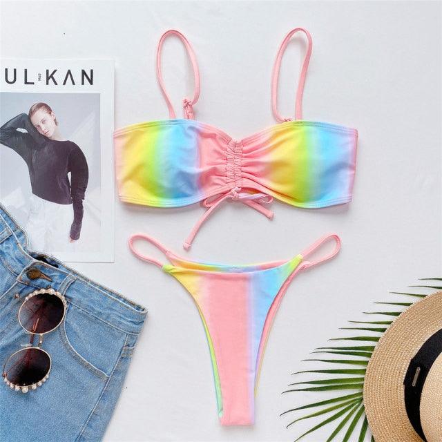 Maillot de bain bikini deux pièces pour femme, imprimé arc-en-ciel, micro-string, à lacets, ensemble de bikini triangle à nouer