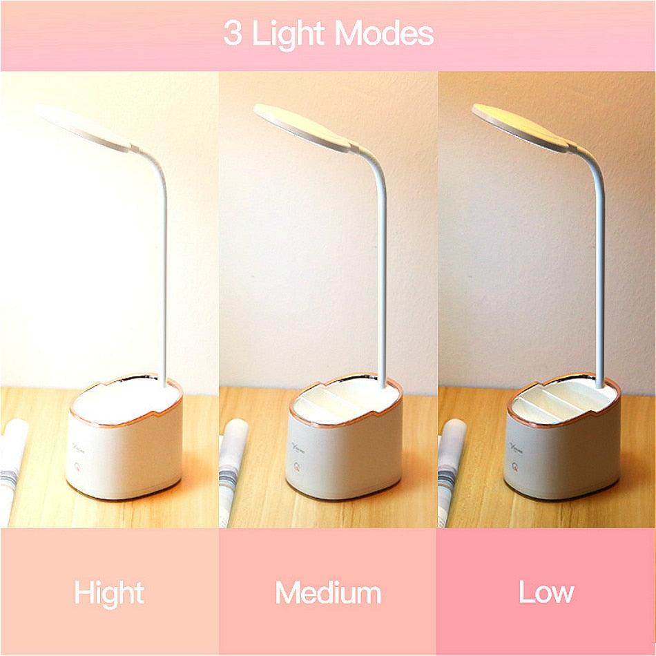 Lampe de table rechargeable avec porte-stylo, 18 LED, tactile, col de cygne USB, support de téléphone, lampe de bureau pour étudiant, lampe décorative, lampe d'étude mignonne pour décoration de chambre.