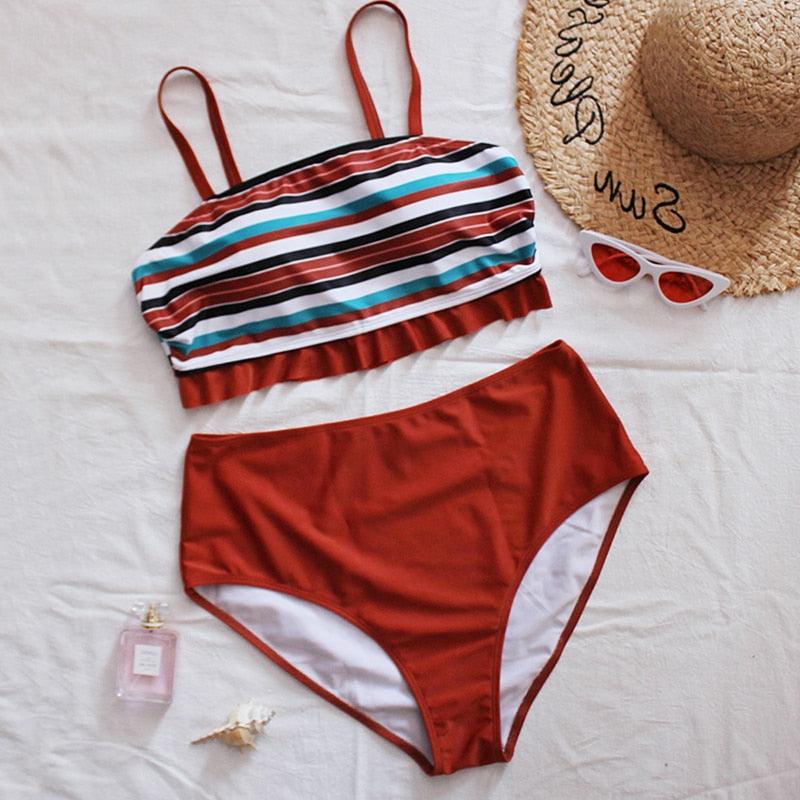 Maillot de bain deux pièces grande taille à rayures pour femmes Maillot de bain taille haute deux pièces grande taille pour femmes Maillot de bain taille haute Maillot de bain taille haute épaules dénudées Maillot de bain échancré