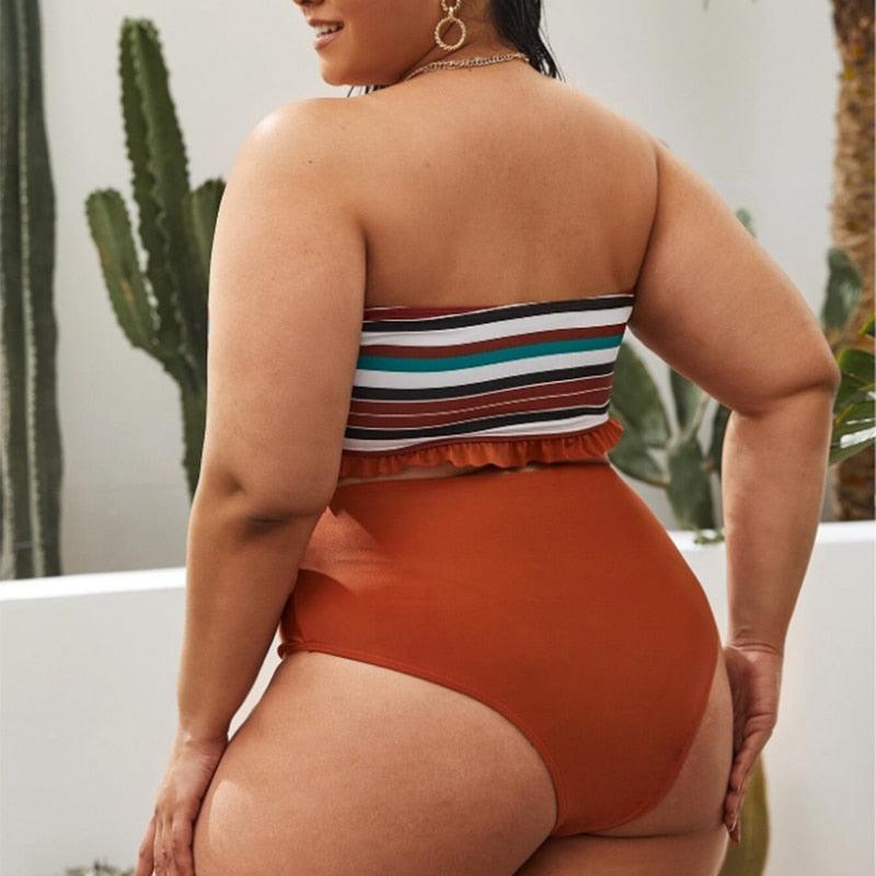 Maillot de bain deux pièces grande taille à rayures pour femmes Maillot de bain taille haute deux pièces grande taille pour femmes Maillot de bain taille haute Maillot de bain taille haute épaules dénudées Maillot de bain échancré