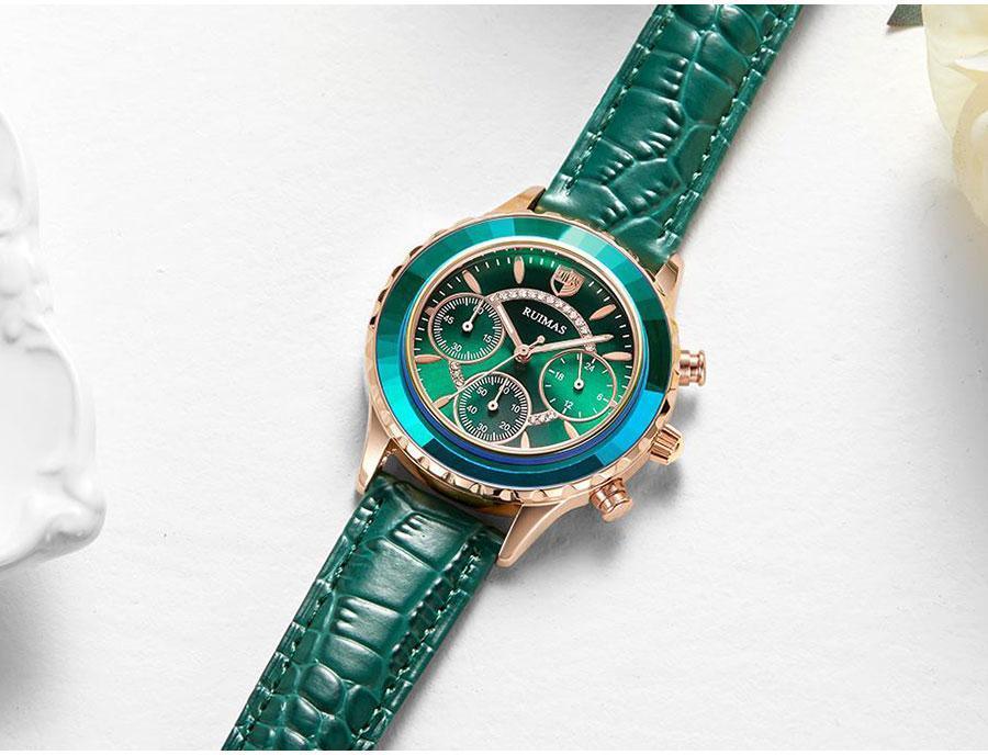 Montres de luxe vertes pour femmes, mouvement à quartz, bracelet en cuir à la mode, étanches, multifonctionnelles, pour femmes